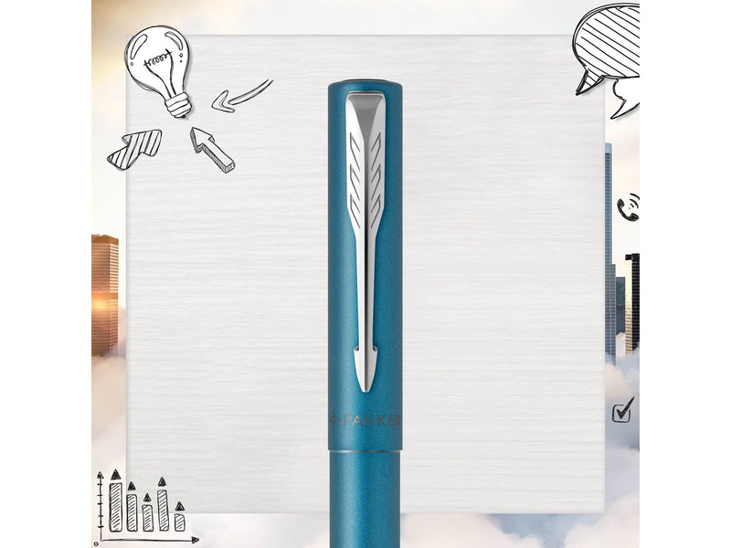 Parker Vector XL Tintenroller | Blaugrüne Metallic-Lackierung auf Messing | Feine Schreibspitze mit schwarzer Nachfülltinte | Ge