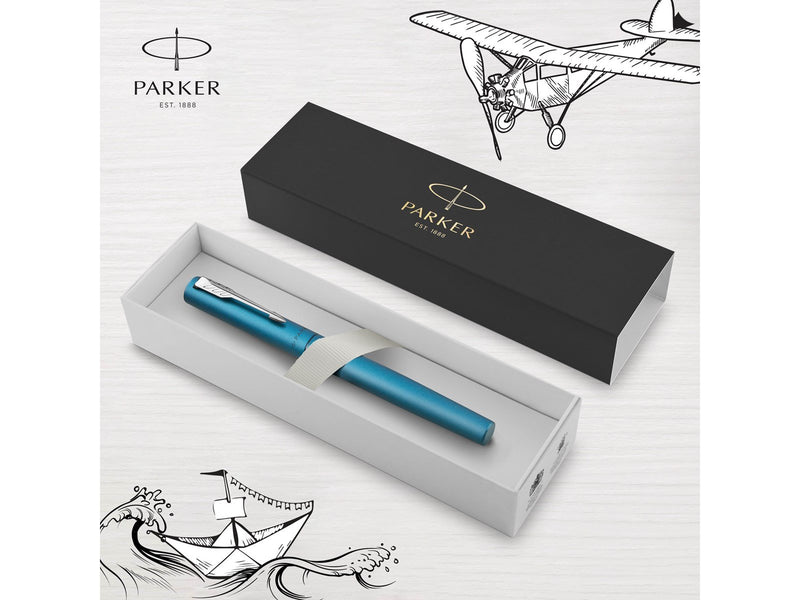 Parker Vector XL Tintenroller | Blaugrüne Metallic-Lackierung auf Messing | Feine Schreibspitze mit schwarzer Nachfülltinte | Ge