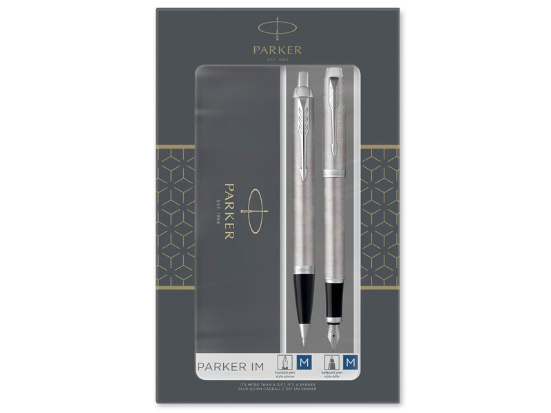 Parker IM Duo-Geschenkset mit Kugelschreiber und Füller | Zierteile aus Edelstahl und Chrom | Nachfüllmine und -patrone mit blau