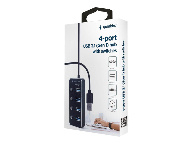Gembird - hub - powered with switches black - 4 ports USB-Hubs - USB 3.2 - 4 - Schwarz