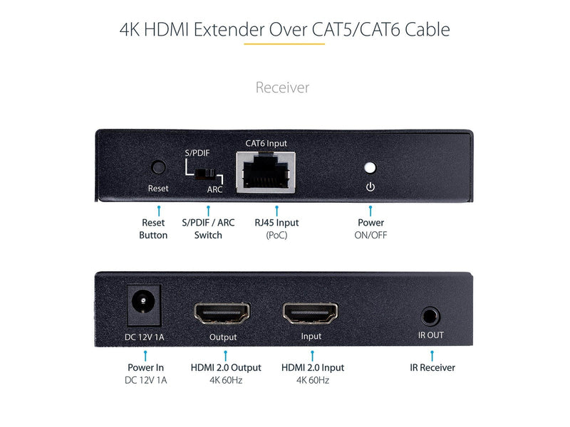 StarTech.com 4K70IC-EXTEND-HDMI 4K HDMI Extender Over CAT5/CAT6 Cable 4K 60Hz HDR Video Extender Up to 230ft (70m)