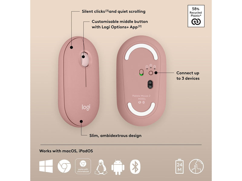Logitech Pebble Mouse 2 M350s Wireless - Tonal Rose - Maus (Rot)