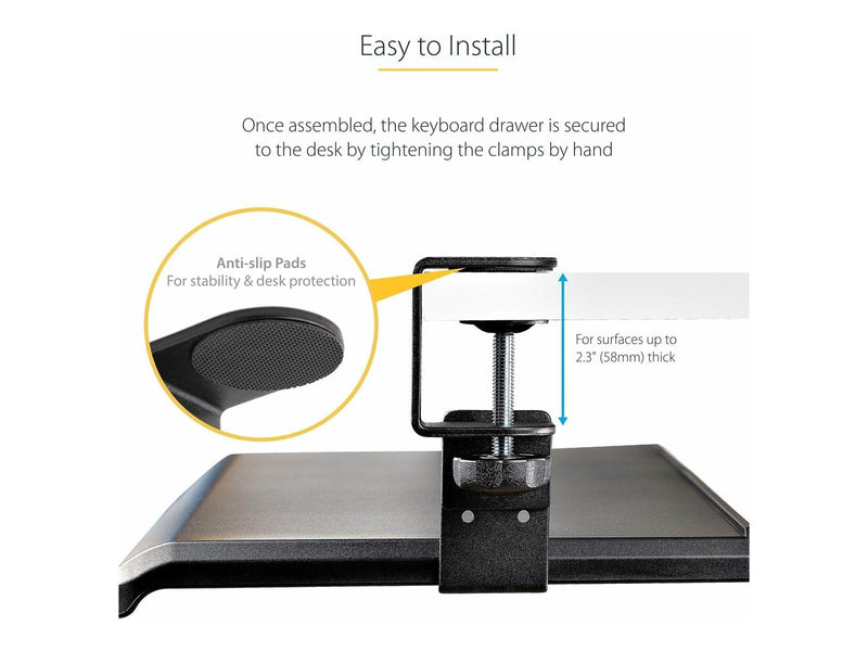 StarTech.com Under-Desk Keyboard Tray Clamp-on Keyboard Holder Supports up to 12kg (26.5lb) Sliding Keyboard and Mouse Drawer wi