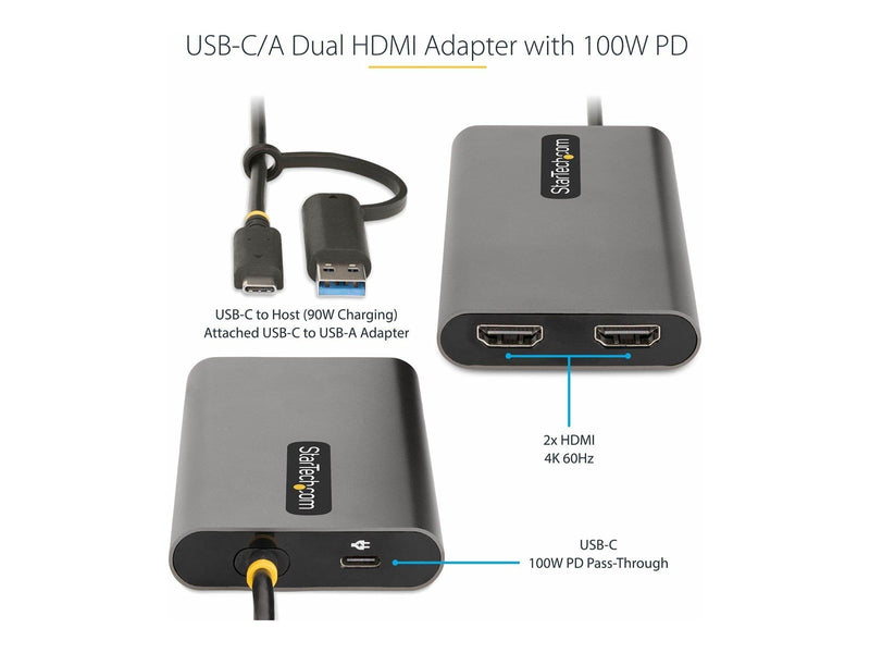 StarTech.com USB-C to Dual-HDMI Adapter USB-C or A to 2x HDMI 4K 60Hz 100W PD Pass-Through 1ft (30cm) Built-in Cable External Vi