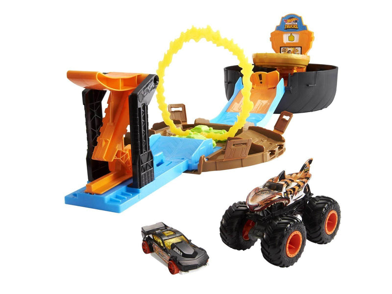 Hot Wheels Monster Trucks Stunt Tire Play Set With Launcher 1  1:64 Scale Car & 1 Monster Truck