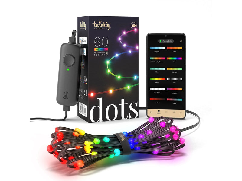 Twinkly Dots – 60 App-controlled RGB LEDs. 3 Meters. Black Wire. USB-powered.