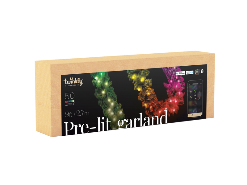 Twinkly Pre-Lit Garland – 50 App-controlled RGB + Warm White LEDs. 2.7 Meters. Green Wire.