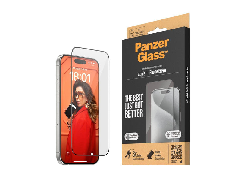 PanzerGlass Screen Protector iPhone 15 Pro | Ultra-Wide Fit w. EasyAligner