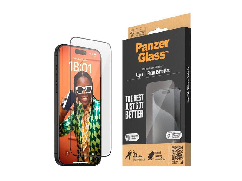 PanzerGlass Screen Protector iPhone 15 Pro Max | Ultra-Wide Fit w. EasyAligner