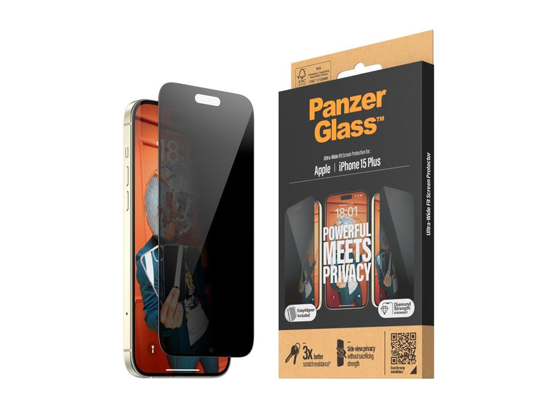 PanzerGlass Privacy Screen Protector iPhone 15 Plus | Ultra-Wide Fit w. EasyAligner