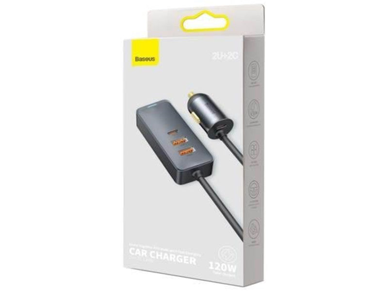 Baseus Car charger  Share Together with extension cord 2x USB 2x USB-C 120W (grey)