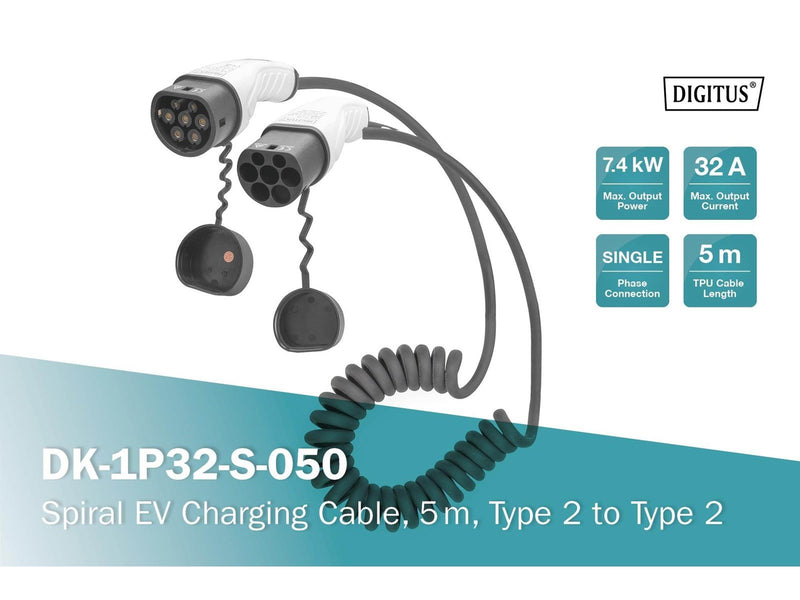 DIGITUS EV Spiral Charging Cable - Type 2 - 32A - 5m | Single Phase