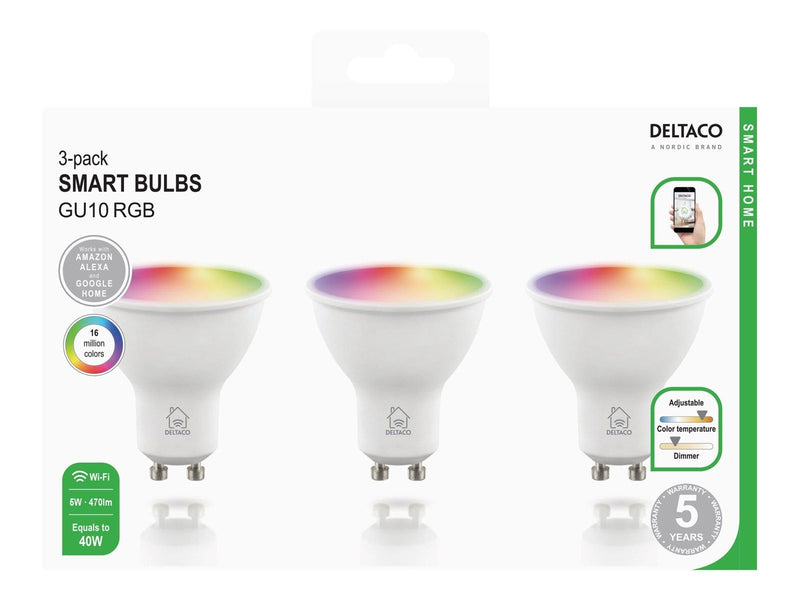 Deltaco LED-Lampe SMART HOME - LED spot light bulb - GU10 - 5 W - RGB/warm white/cold white light - 2700-6500 K (pack of 3) GU10