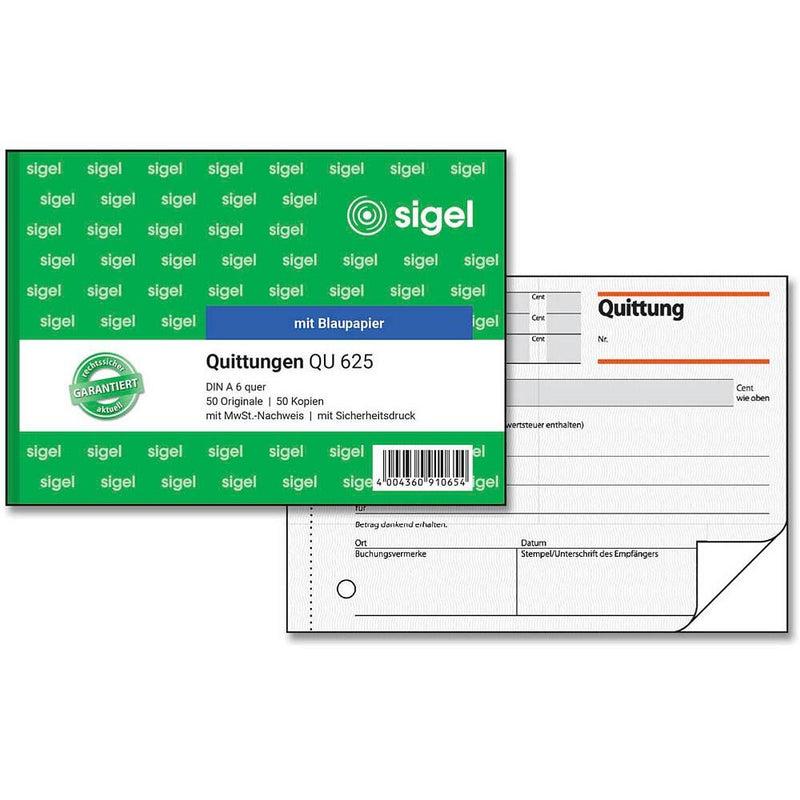 sigel Quittung, MwSt. separat ausgewiesen Formularbuch QU625
