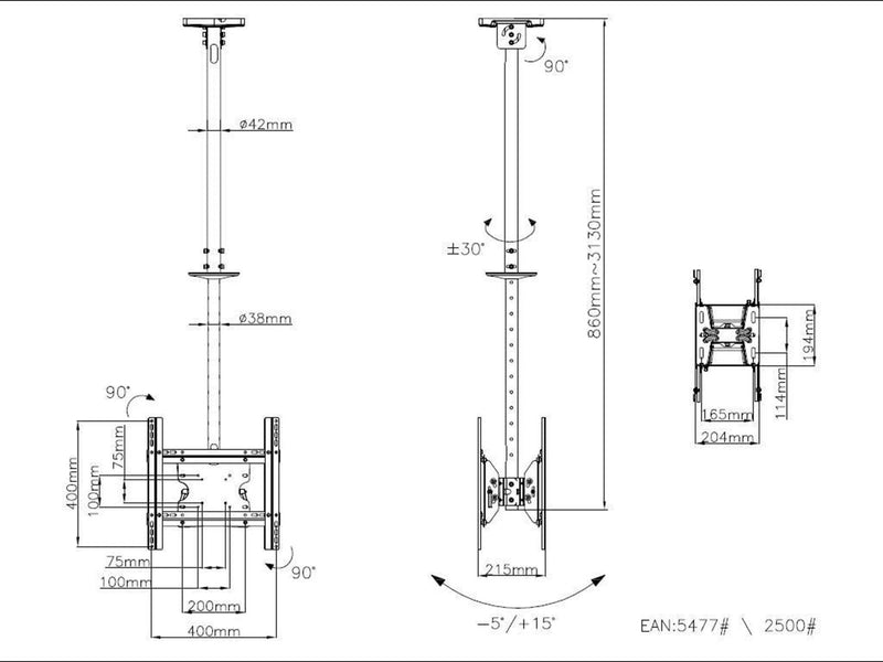 Multibrackets M Public Ceilingmount Medium Back zu Back 65 kg 55" 100 x 100 mm