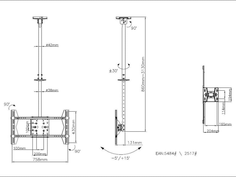 Multibrackets M Public Ceilingmount Groß Single 80 kg 63" 200 x 200 mm