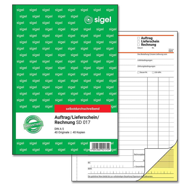 sigel Auftrag/Lieferscheine /Rechnungen Formularbuch SD017 - 2 x 40 Blatt