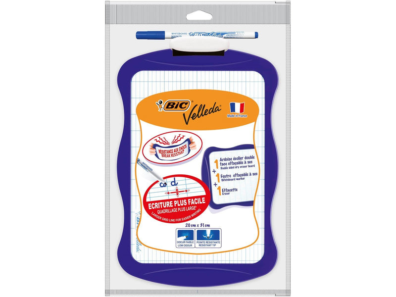 BIC Velleda Double-Sided Dry Erase Board (21 x 31 cm) Trocken abwischbare Tafel, doppelseitig, mit Whiteboard-Marker und Radiere