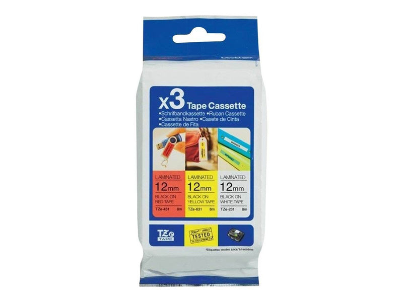 Brother TZe 31M3 - 3-Pack 1x black on red 1x black on white and 1x black on yellow laminated tape (12mm x 8m)