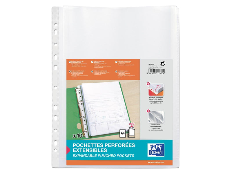 Oxford Bag of 10 Expandable Punched pockets without Flaps A4 Polypropylene 200µ Smooth Clear