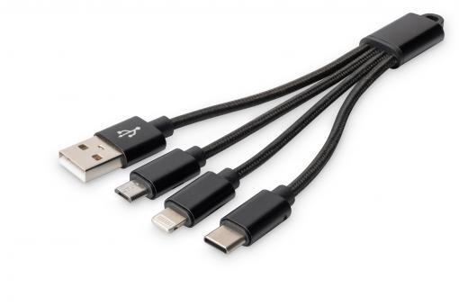 DIGITUS 3-in-1 USB-Ladekabel - USB / USB-C / Lightning / Micro-USB 0,15m