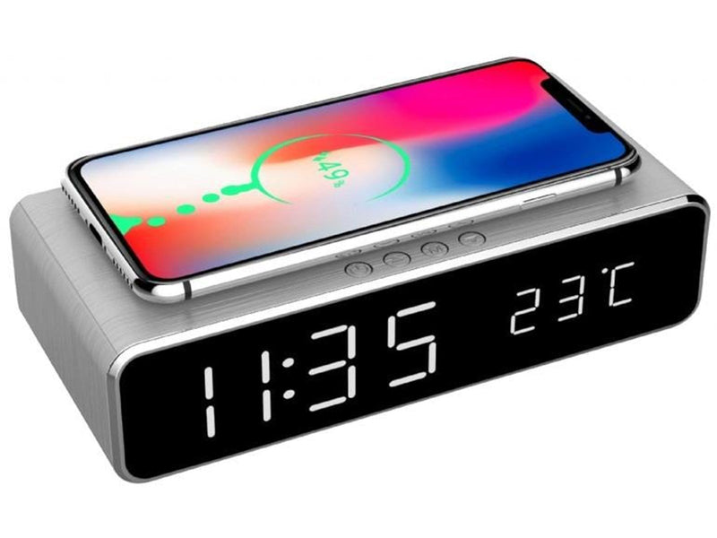 Gembird Digital alarm clock with Qi wireless charging function - Silver