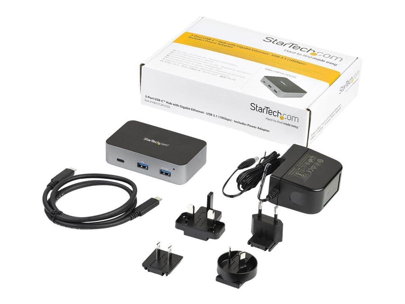 StarTech.com 3-Port USB-C Hub with LAN Port - 10Gbps - 2xA & 1xC - Powered - hub - 3 ports USB-Hubs - 3 - Grau