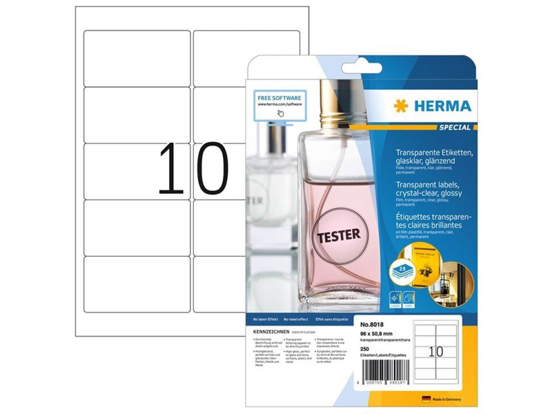 HERMA Folienetiketten, transparent, glasklar, A4, 96 x 50,8 mm, wetterfest, permanent