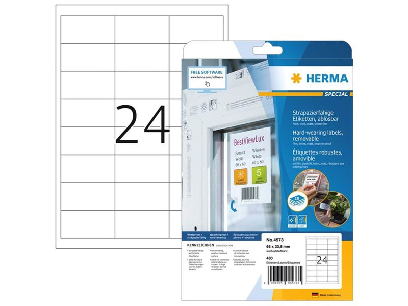 HERMA Wetterfeste Folien-Etiketten A4, 66,0 x 33,8 mm, weiß, wiederablösbar