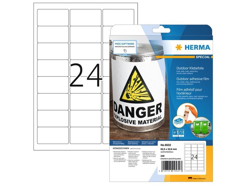 HERMA Wetterfeste Outdoor-Folienetiketten A4, 63,5 x 33,9 mm, weiß, extrem stark haftend, dehnfähig