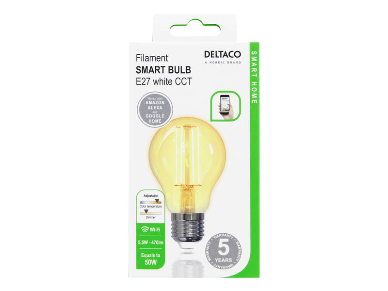 Deltaco SMART HOME LED filament lamp E27 WiFI 2.4GHz 5.5W 470lm dimmable 220-240V white