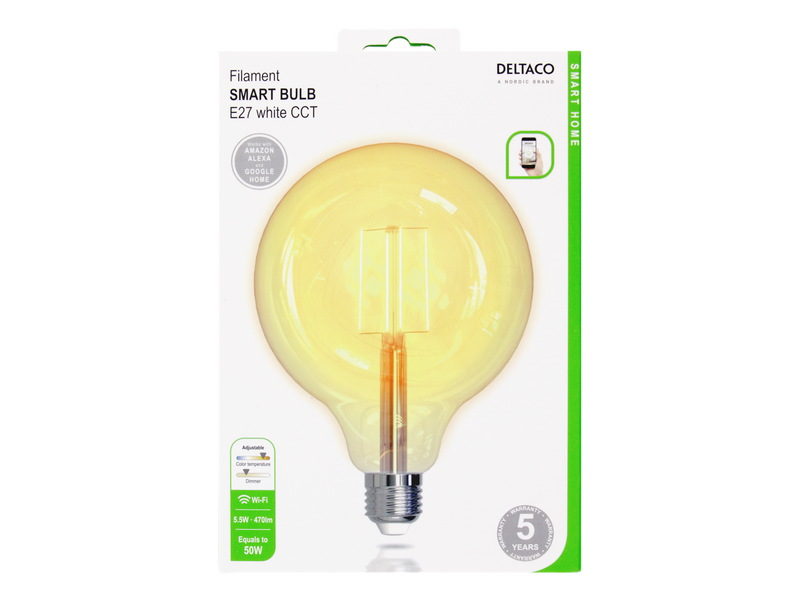 Deltaco SMART HOME LED filament lamp E27 WiFI 2.4GHz 5.5W 470lm dimmable 220-240V white