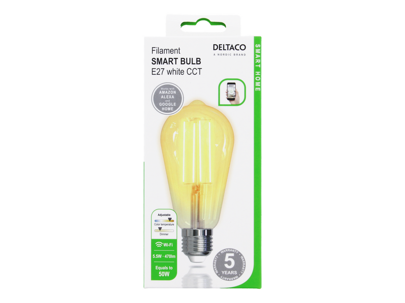 Deltaco SMART HOME LED filament lamp E27 WiFI 2.4GHz 5.5W 470lm dimmable 220-240V white