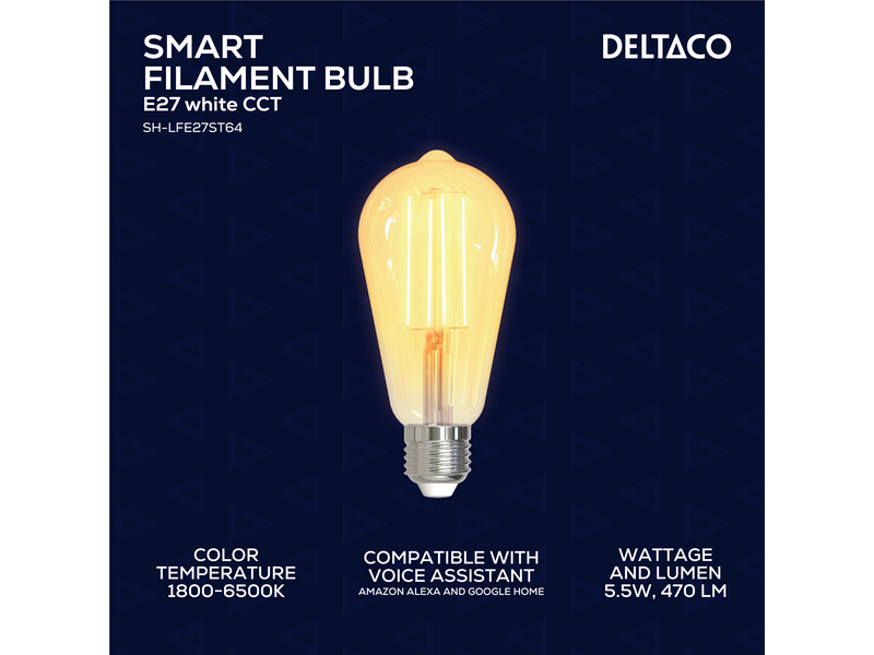 Deltaco SMART HOME LED filament lamp E27 WiFI 2.4GHz 5.5W 470lm dimmable 220-240V white