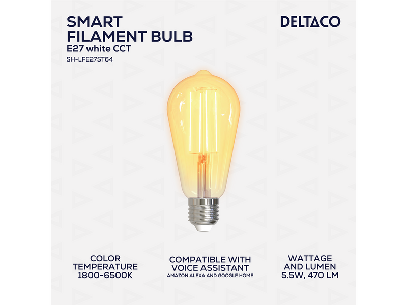 Deltaco SMART HOME LED filament lamp E27 WiFI 2.4GHz 5.5W 470lm dimmable 220-240V white