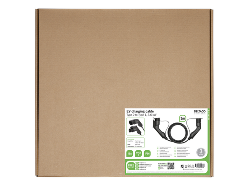 Deltaco e-Charge kabel type 2 til type 1 1 fase 16A 3m