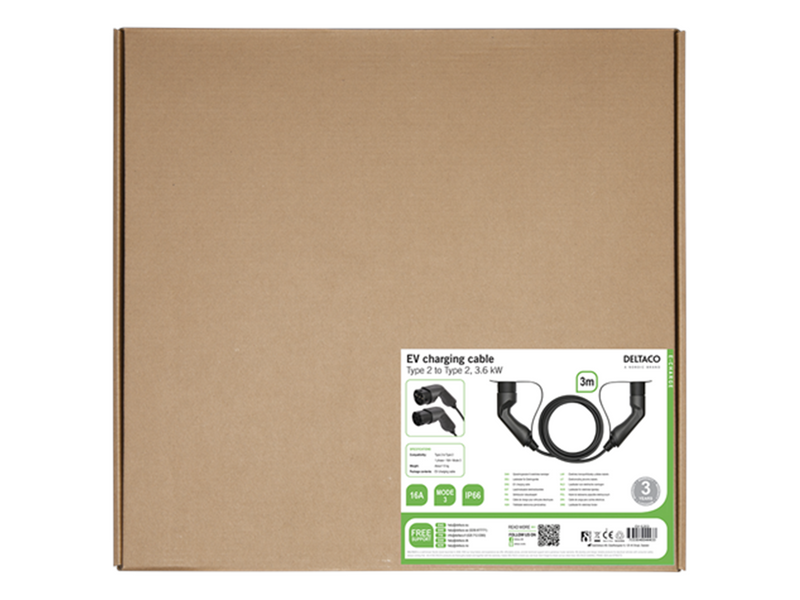 Deltaco e-Charge kabel type 2 til type 2 1 fase 16A 3m