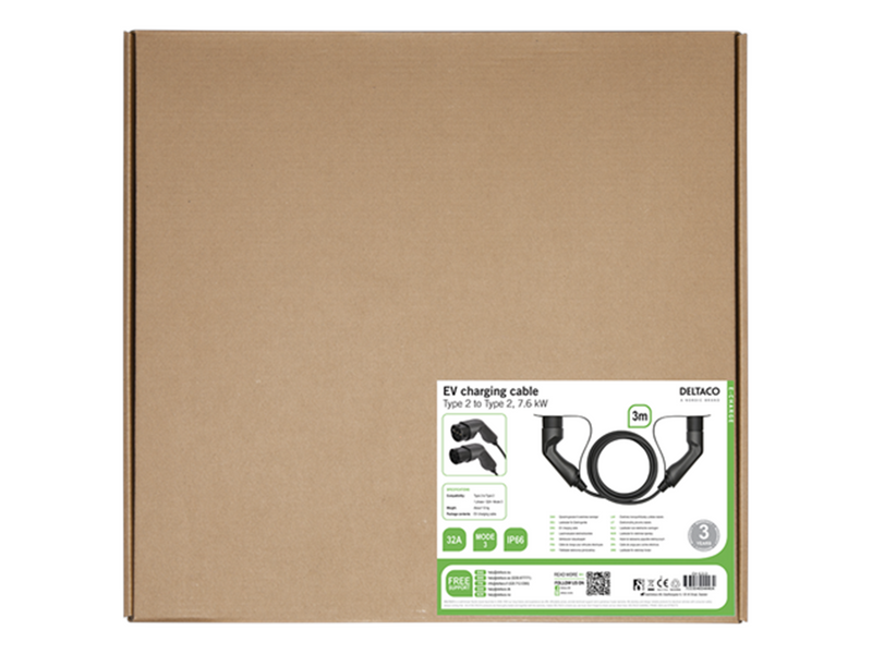 Deltaco e-Charge cable type 2 til type 2 1 phase 32A 3m