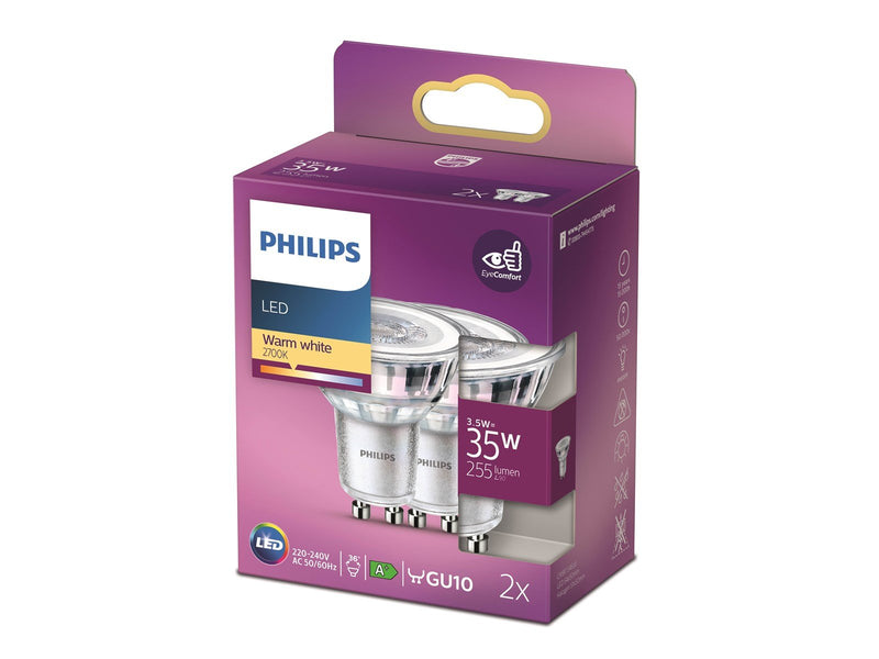 Philips LED-Lampe Classic Spot 3,5W/827 (35W) 36° 2-pack GU10