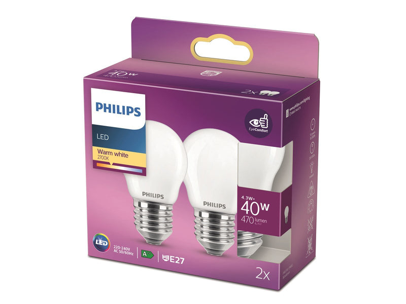 Philips LED-Lampe Classic Candle 4,3W/827 (40W) Frosted 2-pack E27