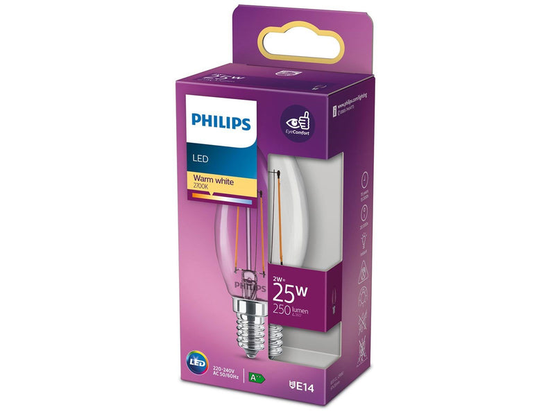 Philips LED-Lampe Classic Candle 2W/827 (25W) Clear E14