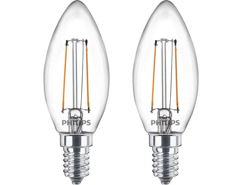 Philips LED-Lampe Classic Candle 2W/827 (25W) Clear 2-pack E14