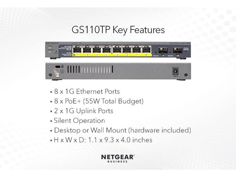 Netgear GS110TPv3 8-Port Gigabit PoE+ Ethernet Smart Switch with 2 SFP Ports and Cloud Management