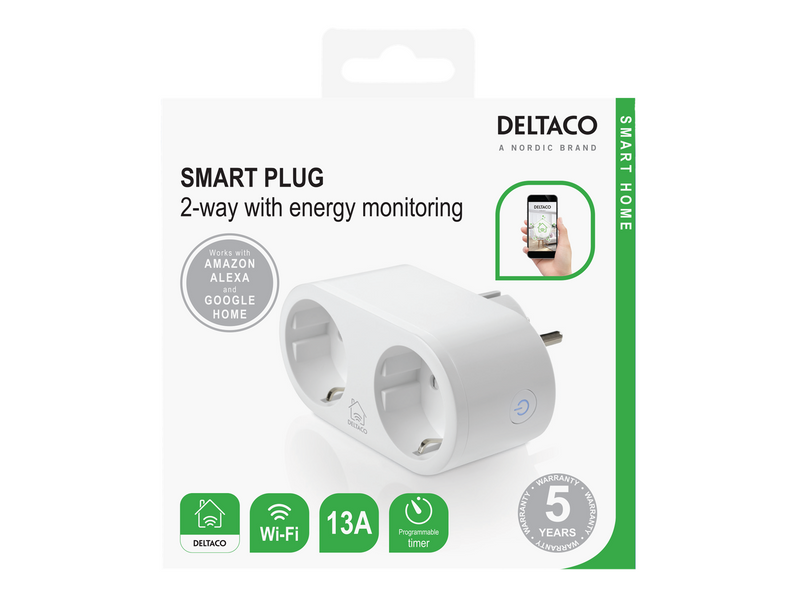 Deltaco SMART HOME power switch WiFi 2.4GHz energy monitoring 2xCEE 7/3 13A timer white