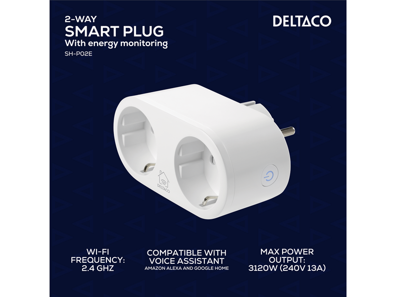 Deltaco SMART HOME power switch WiFi 2.4GHz energy monitoring 2xCEE 7/3 13A timer white