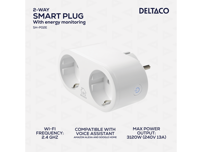 Deltaco SMART HOME power switch WiFi 2.4GHz energy monitoring 2xCEE 7/3 13A timer white
