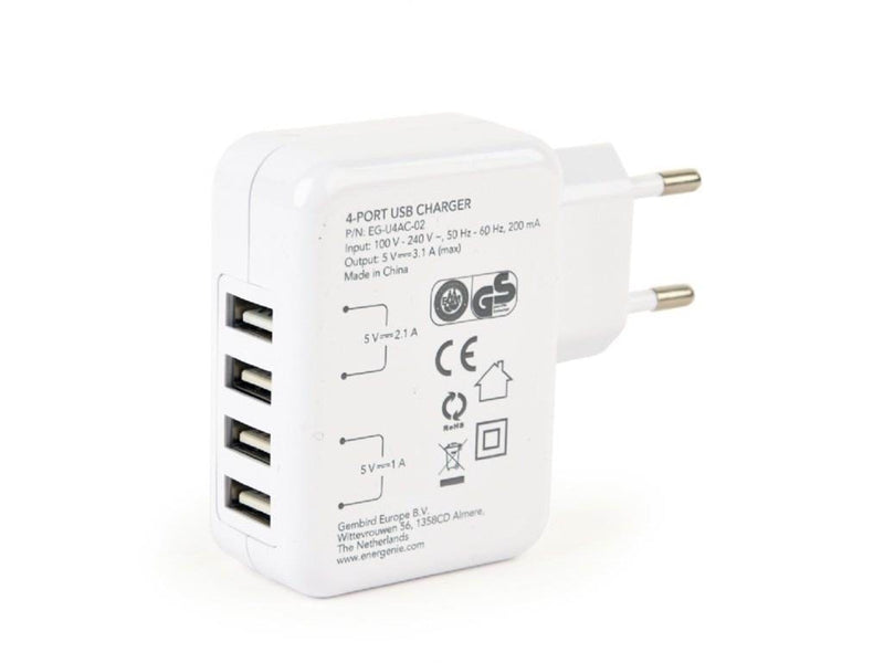 Gembird Universal USB charger 4 ports - 3.1 A - White