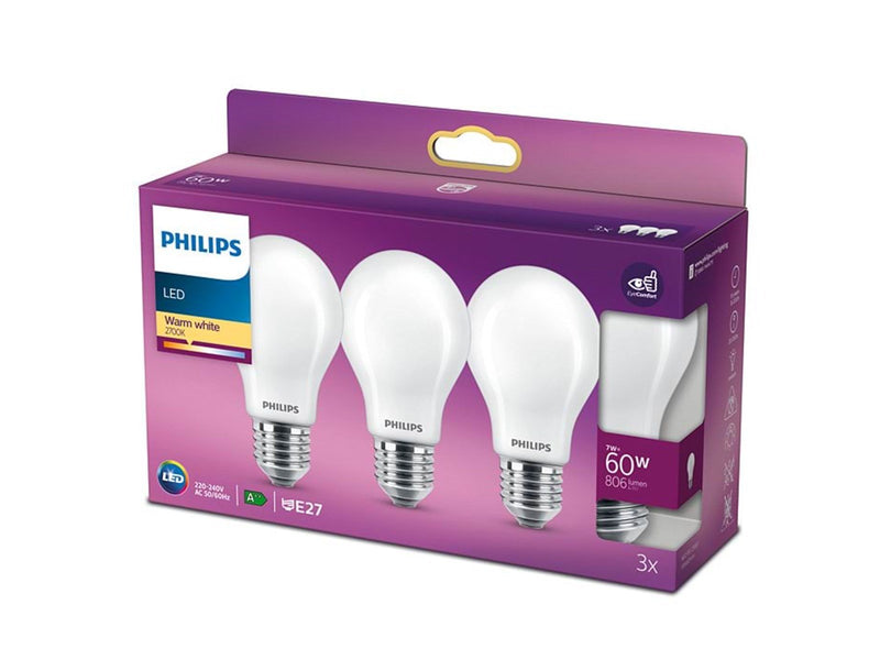 Philips LED-Lampe Classic Standard 7W/827 (60W) Frosted 3-pack E27