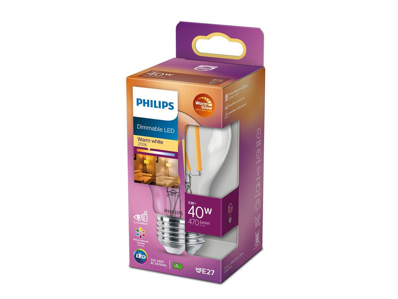 Philips LED-Lampe Standard 5W/922-927 (40W) Clear WarmGlow Dimmable E27