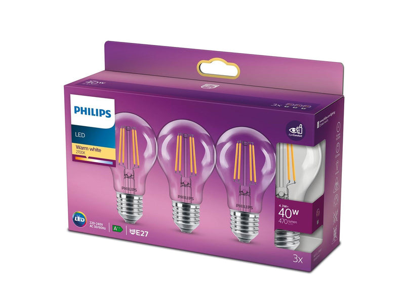Philips LED-Lampe Classic Standard 4,3W/827 (40W) Clear 3-pack E27